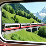 **

Prompt: "A scenic Swiss mountain train winding through a lush green valley, highlighting the convenience and accessibility offered by the Swiss Travel Pass. Focus on the panoramic views and the comfortable travel experience. Bright, sunny day. Travelers looking happily out the windows."

**
