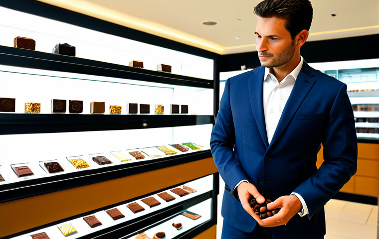 A discerning professional businessman, fully clothed in a sharp, modest business suit, standing within a brightly lit, elegant Swiss airport duty-free boutique. He is in a natural pose, carefully examining a luxury watch in a sleek display case with a thoughtful expression, surrounded by premium, beautifully packaged gourmet chocolates. Professional photography, high resolution, sharp focus, clean composition, soft ambient lighting, natural colors, safe for work, appropriate content, perfect anatomy, correct proportions, natural pose, well-formed hands, proper finger count, natural body proportions, family-friendly.