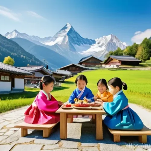 Home 17 스위스에서 한인 커뮤니티 활동 - **Prompt 1: Korean Chuseok Celebration in the Swiss Alps**
"A vibrant, wide-angle shot of a Kore...