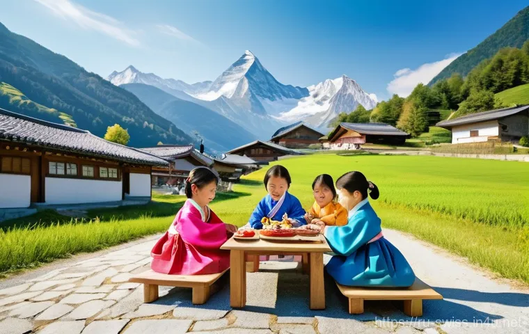 스위스에서 한인 커뮤니티 활동 - **Prompt 1: Korean Chuseok Celebration in the Swiss Alps**
    "A vibrant, wide-angle shot of a Kore...