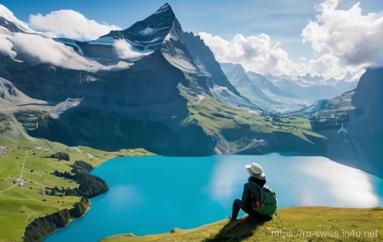 스위스 알프스 하이킹 코스 추천 - **Grindelwald & Bachalpsee Serenity:**
    A vibrant, sunlit panoramic view of Bachalpsee lake in Gr...