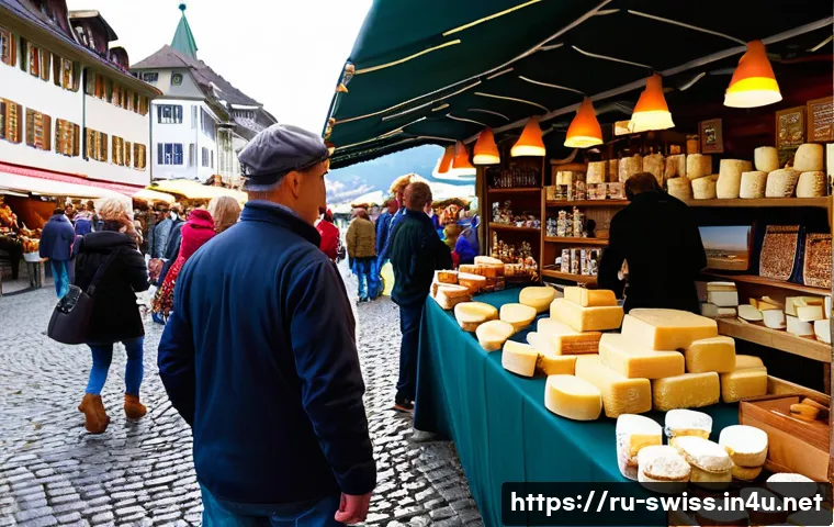 스위스 쇼핑 핫스팟 - A vibrant traditional Swiss market scene in Lucerne with wooden artisan crafts, various traditional ...