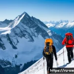 스위스에서 자연재해 발생 시 대처법 - A detailed alpine mountain scene in the Swiss Alps during early spring, showing a group of hikers eq...