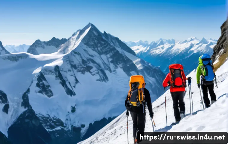 스위스에서 자연재해 발생 시 대처법 - A detailed alpine mountain scene in the Swiss Alps during early spring, showing a group of hikers eq...