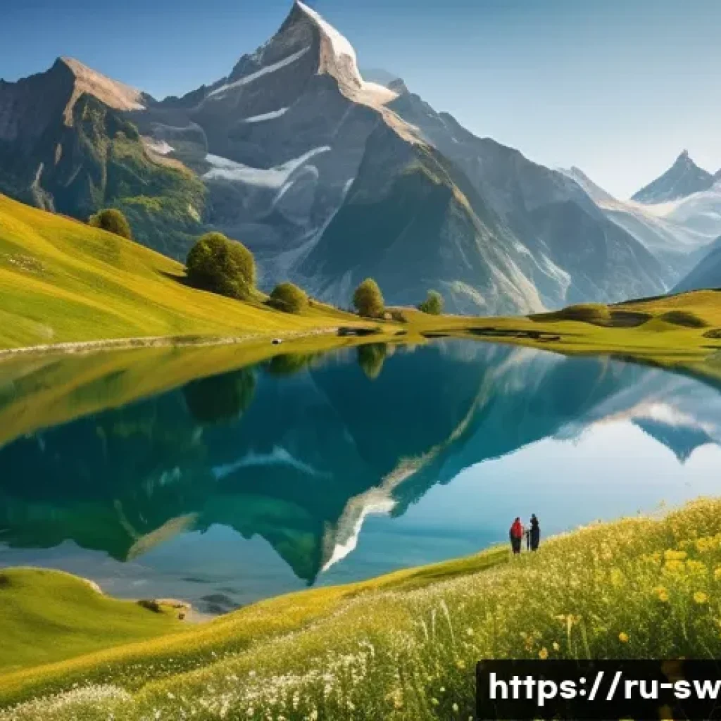 스위스와 헐리우드 영화 배경 비교 - A serene Swiss mountain landscape at golden hour, featuring towering snow-capped peaks reflected in ...
