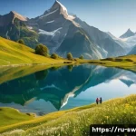 스위스와 헐리우드 영화 배경 비교 - A serene Swiss mountain landscape at golden hour, featuring towering snow-capped peaks reflected in ...