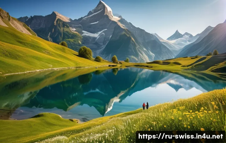 스위스와 헐리우드 영화 배경 비교 - A serene Swiss mountain landscape at golden hour, featuring towering snow-capped peaks reflected in ...