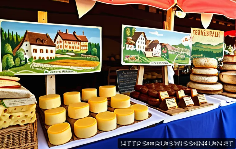스위스 불어권 지역과 프랑스 문화 영향 - A vibrant Swiss market scene in the French-speaking region, showcasing local artisans and cheesemake...
