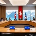 유엔과 스위스 가입 과정 - A detailed scene of a Swiss diplomatic conference room with diverse international delegates engaged ...