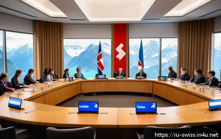 유엔과 스위스 가입 과정 - A detailed scene of a Swiss diplomatic conference room with diverse international delegates engaged ...