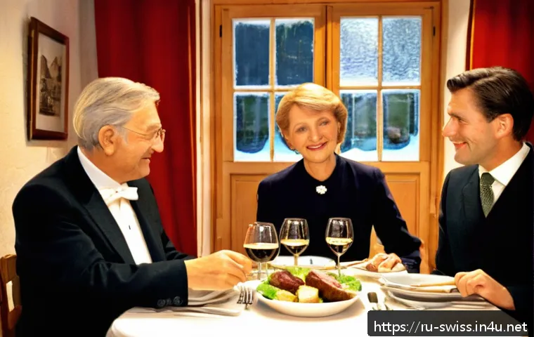 스위스에서 팁 문화와 식사 매너 - A cozy Swiss restaurant interior scene in a German-speaking canton, showing a polite interaction bet...