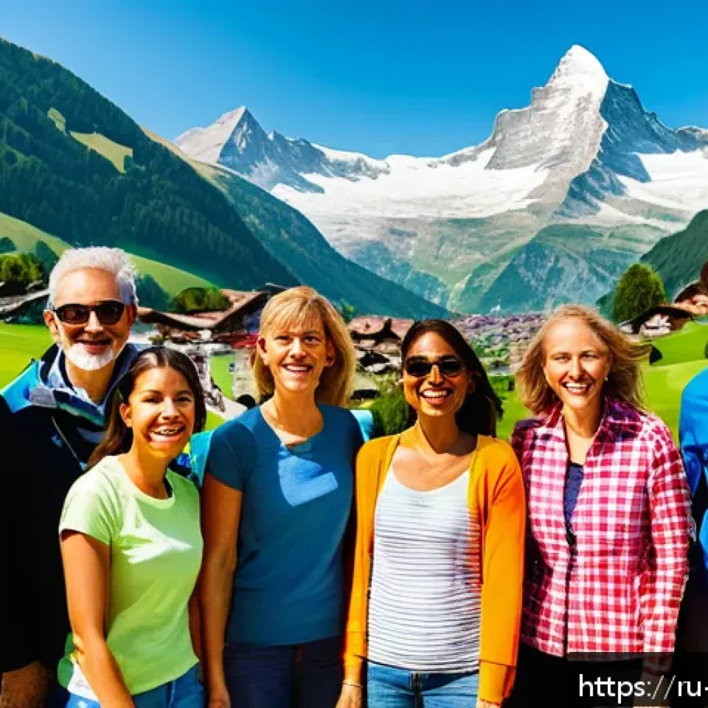 스위스 패키지 여행 vs 자유 여행 비교 - A group of diverse tourists enjoying a guided organized tour in the Swiss Alps during summer, dresse...