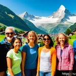 스위스 패키지 여행 vs 자유 여행 비교 - A group of diverse tourists enjoying a guided organized tour in the Swiss Alps during summer, dresse...