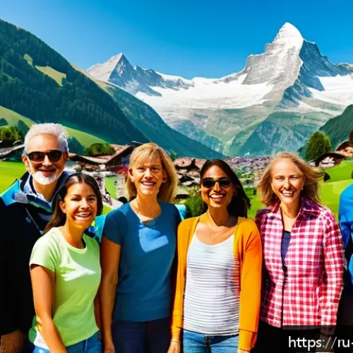 스위스 패키지 여행 vs 자유 여행 비교 - A group of diverse tourists enjoying a guided organized tour in the Swiss Alps during summer, dresse...