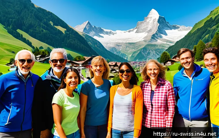 스위스 패키지 여행 vs 자유 여행 비교 - A group of diverse tourists enjoying a guided organized tour in the Swiss Alps during summer, dresse...
